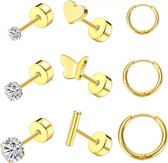 Stainless Steel Geometric Plant Flowers Style Electroplated Piercing Jewelry Ear Studs Ear Bone Nails Barbell Wafer Earrings Combination Suit