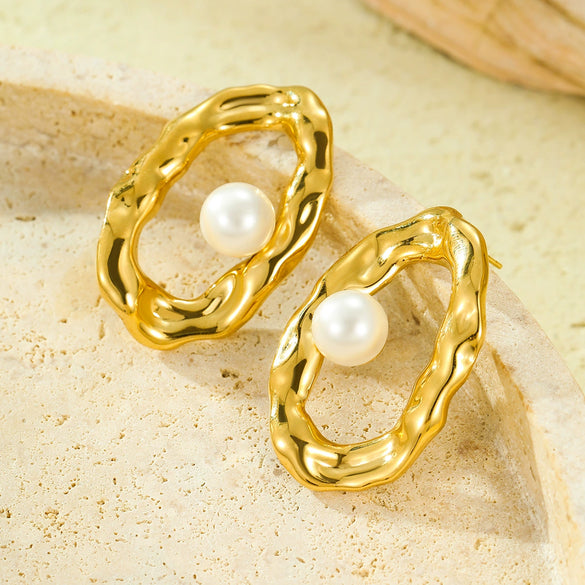 Stainless Steel Geometric Pleated Hollow Pearl Earrings For Women With Electroplating
