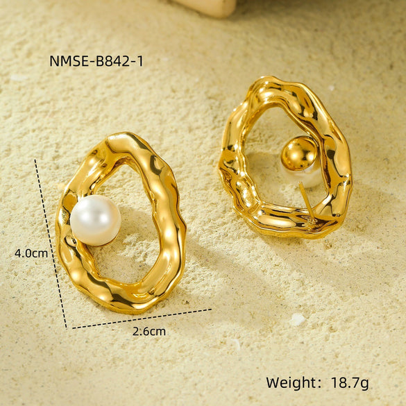 Stainless Steel Geometric Pleated Hollow Pearl Earrings For Women With Electroplating