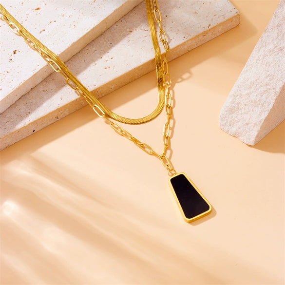 Stainless Steel Geometric Quadrilateral Pendant Jewelry Set With Electroplating And Snake Bone Chain Highend Cold Retro Style
