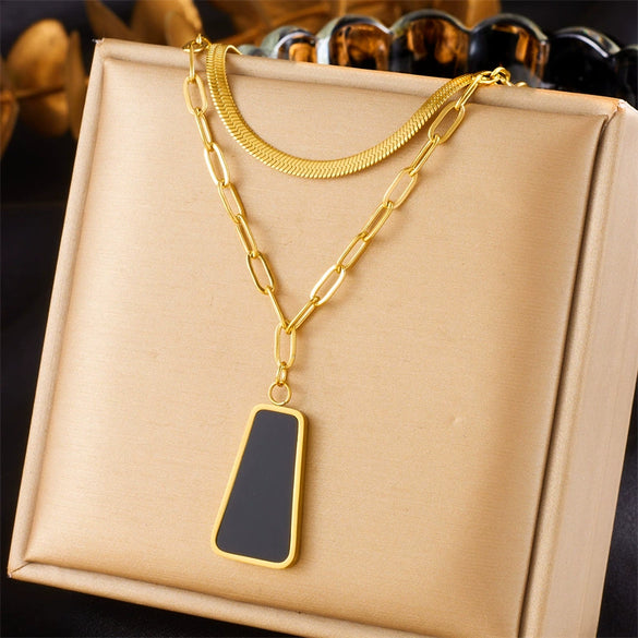 Stainless Steel Geometric Quadrilateral Pendant Jewelry Set With Electroplating And Snake Bone Chain Highend Cold Retro Style