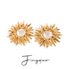 Stainless Steel Geometric Retro Golden Sunflower Hollow Earrings For Women With Electroplating