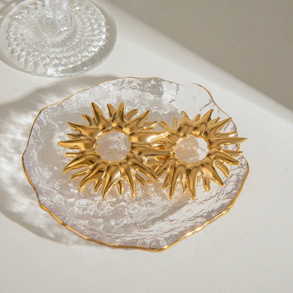 Stainless Steel Geometric Retro Golden Sunflower Hollow Earrings For Women With Electroplating