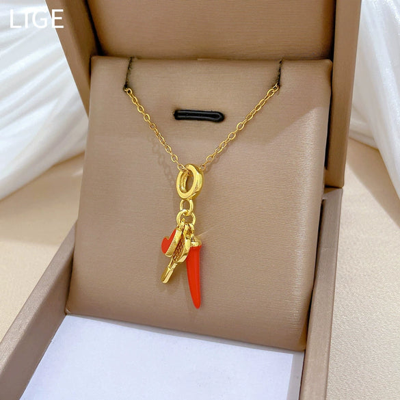 Stainless Steel Geometric Ring Love Pepper Style Unisex Full Diamond Necklace With Copper Pendant