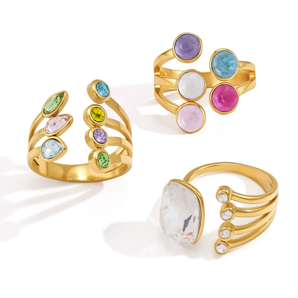 Stainless Steel Geometric Ring With Colored Diamond Inlay Pvd Vacuum Gold Plating Hypoallergenic Women's Jewelry