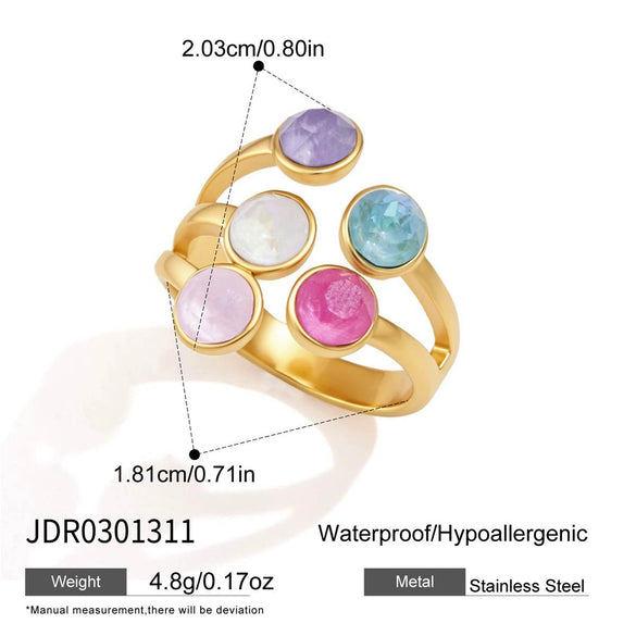 Stainless Steel Geometric Ring With Colored Diamond Inlay Pvd Vacuum Gold Plating Hypoallergenic Women's Jewelry