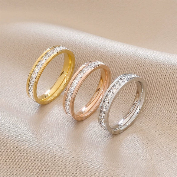 Stainless Steel Geometric Ring With Inlaid Zircon For Women And Men Natural Style Couple Jewelry