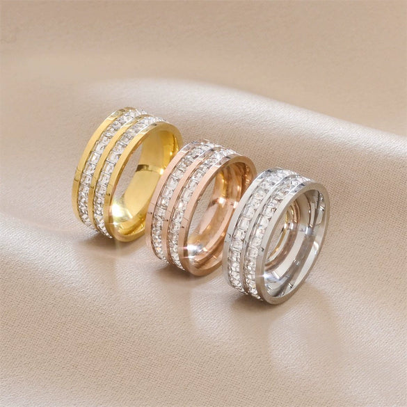 Stainless Steel Geometric Ring With Inlaid Zircon For Women And Men Natural Style Couple Jewelry