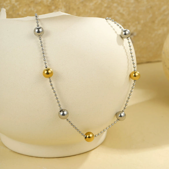 Stainless Steel Geometric Round Bead Necklace For Women Electroplated Fashion Style