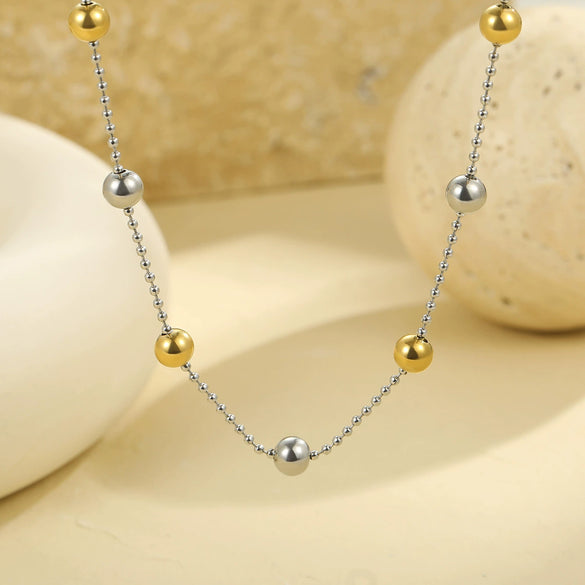 Stainless Steel Geometric Round Bead Necklace For Women Electroplated Fashion Style