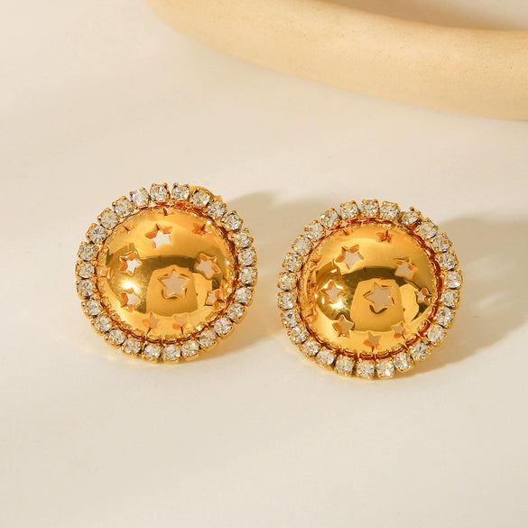 Stainless Steel Geometric Round Stars Hollow Diamond Earrings For Women With Electroplating Design