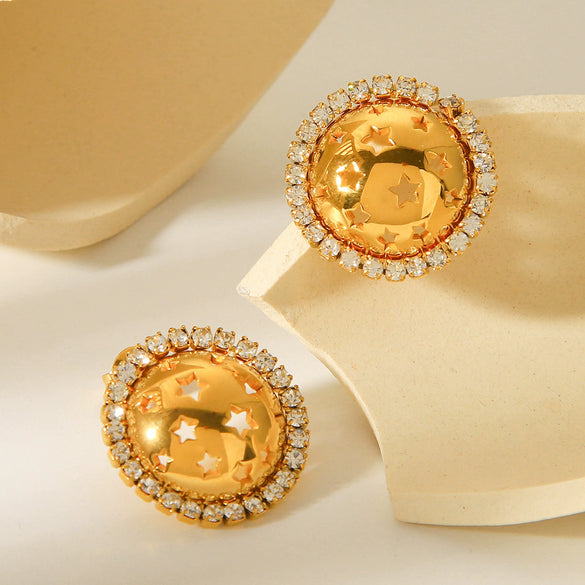 Stainless Steel Geometric Round Stars Hollow Diamond Earrings For Women With Electroplating Design