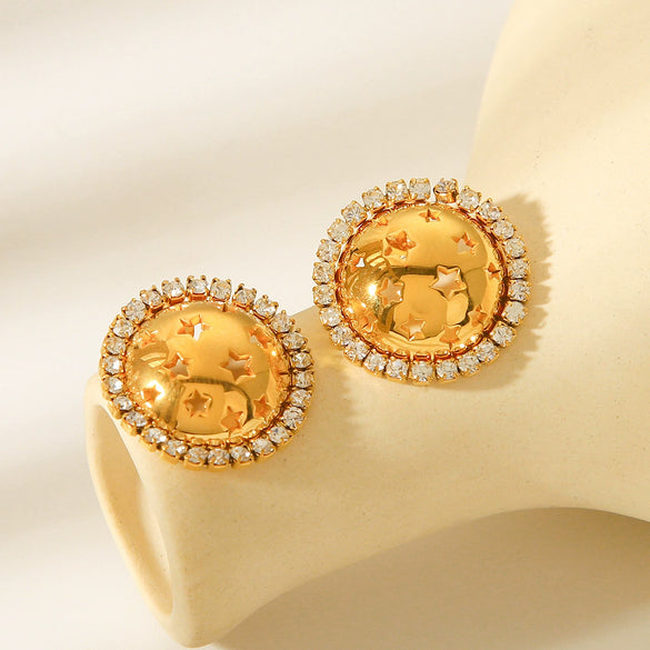 Stainless Steel Geometric Round Stars Hollow Diamond Earrings For Women With Electroplating Design