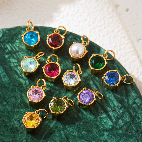 Stainless Steel Geometric Round Zircon Inlaid Electroplating Birthstone Pendant