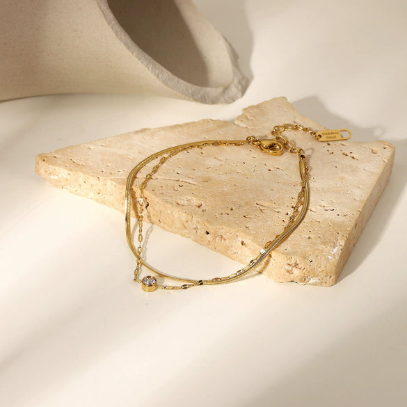 Stainless Steel Geometric Snake Bone Chain Double Layer Zircon Bracelet For Women With Electroplating