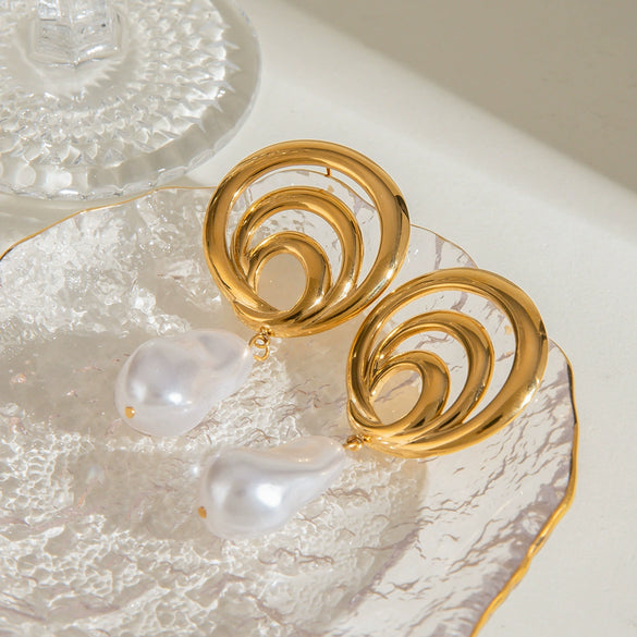 Stainless Steel Geometric Spiral Hollow Pearl Pendant Earrings With Electroplating For Women