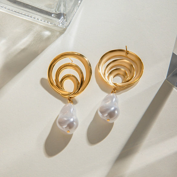 Stainless Steel Geometric Spiral Hollow Pearl Pendant Earrings With Electroplating For Women