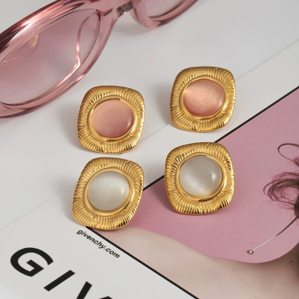Stainless Steel Geometric Square Cat's Eye Earrings With Electroplating Treatment For Women