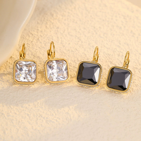 Stainless Steel Geometric Square Micropaved Zircon Pendant Earrings Electroplated