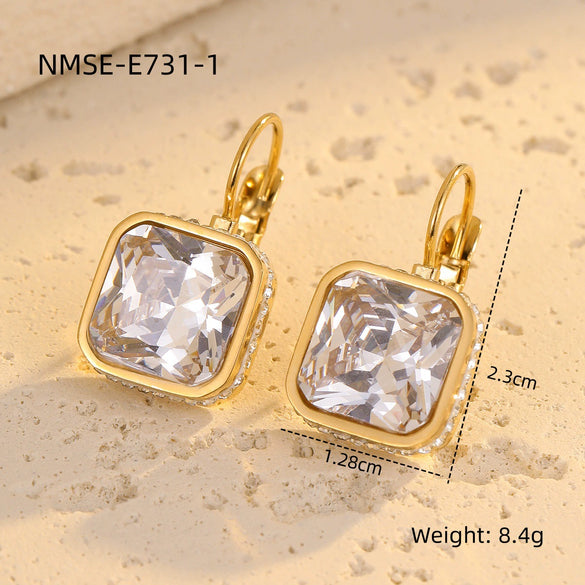 Stainless Steel Geometric Square Micropaved Zircon Pendant Earrings Electroplated