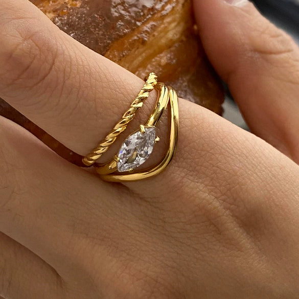 Stainless Steel Geometric Stacked Ring With Diamond Electroplated Women's Hand Jewelry