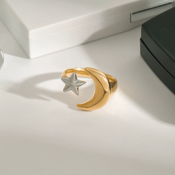 Stainless Steel Geometric Star And Moon Adjustable Opening Ring Jewelry With Gold And Silver Color Matching And Electroplating Treatment French Retro Style