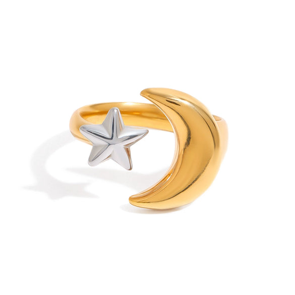 Stainless Steel Geometric Star And Moon Adjustable Opening Ring Jewelry With Gold And Silver Color Matching And Electroplating Treatment French Retro Style