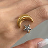 Stainless Steel Geometric Star And Moon Adjustable Opening Ring Jewelry With Gold And Silver Color Matching And Electroplating Treatment French Retro Style