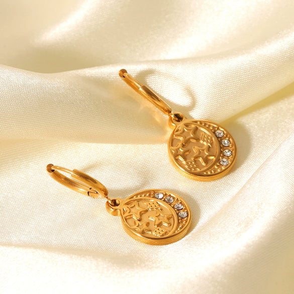 Stainless Steel Geometric Star And Moon Disc Embossed Diamond Pendant Earrings For Women With Electroplating