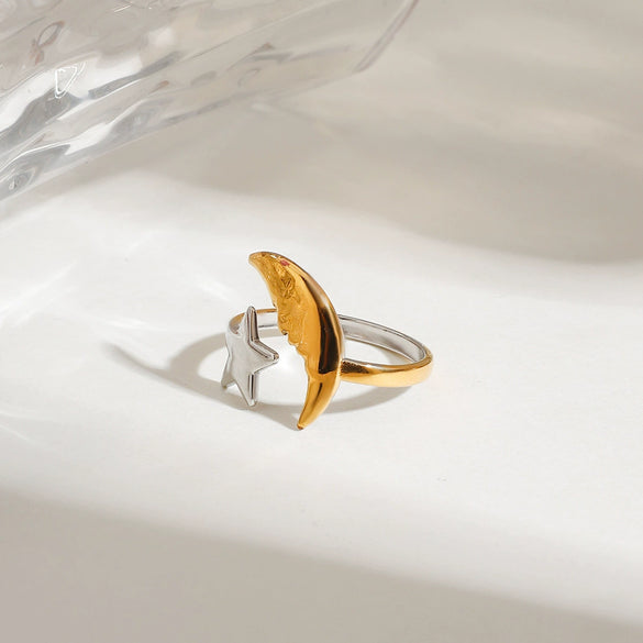 Stainless Steel Geometric Star And Moon Open Ring Jewelry Electroplated Minimalist Style For Women