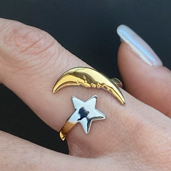 Stainless Steel Geometric Star And Moon Open Ring Jewelry Electroplated Minimalist Style For Women