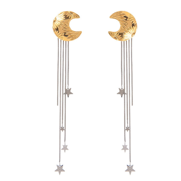 Stainless Steel Geometric Star Moon Tassel Earrings Electroplating For Women