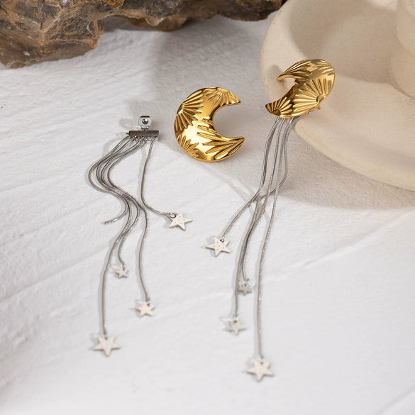 Stainless Steel Geometric Star Moon Tassel Earrings Electroplating For Women