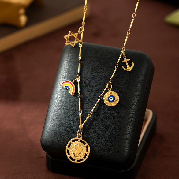 Stainless Steel Geometric Star Rainbow Pendant Necklace With Vacuum Plated 18K Gold Color