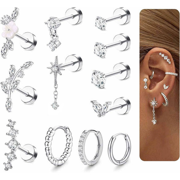 Stainless Steel Geometric Style Earrings Set With Diamonds