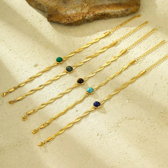 Stainless Steel Geometric Style Electroplating Snake Chain Woven Natural Stone Bracelet For Women