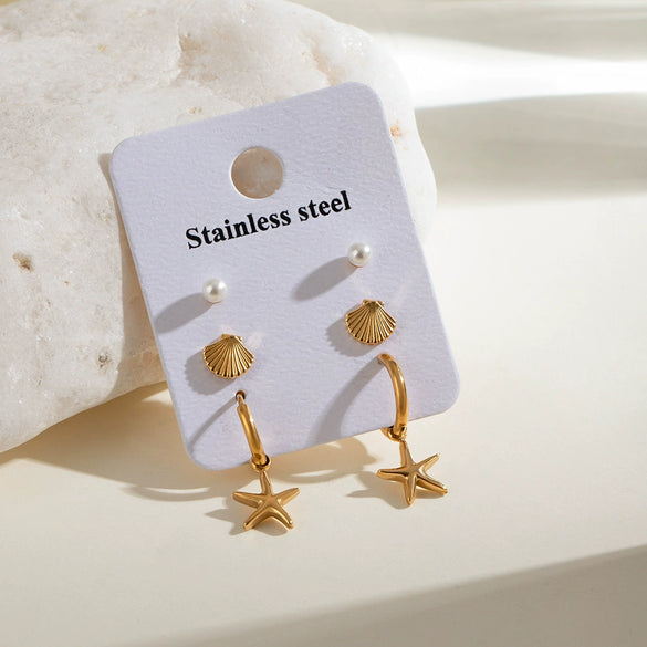 Stainless Steel Geometric Style Electroplating Starfish Pearl Women's Earrings Three Pair Set