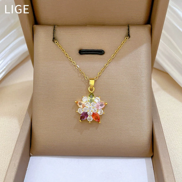Stainless Steel Geometric Style Full Diamond Necklace For Unisex With Copper Pendant