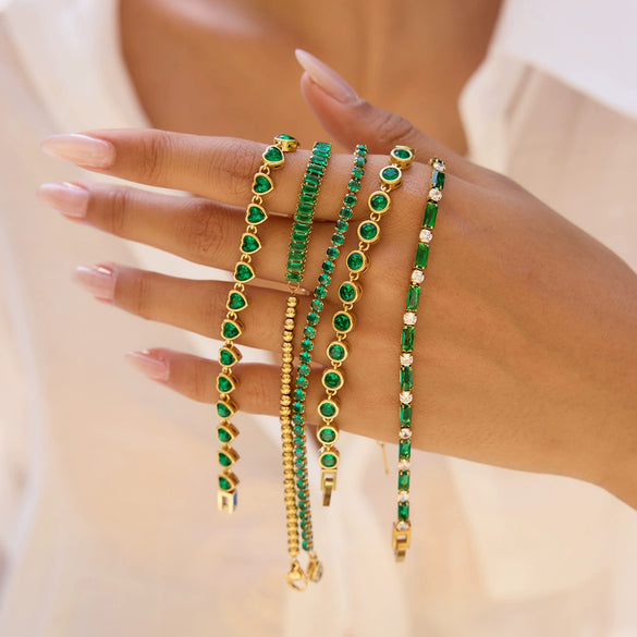 Stainless Steel Geometric Style Green Zircon Jewelry Buckle Tennis Chain Bracelet With Electroplating For Women