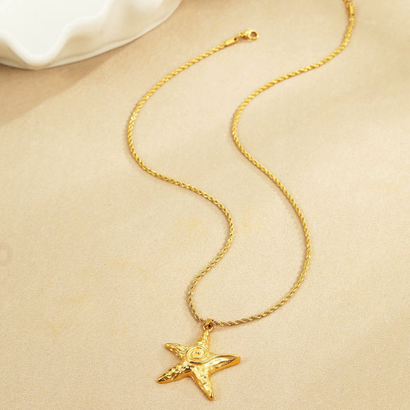 Stainless Steel Geometric Style Starfish Design Jewelry Hammer Pattern Twist Chain Earrings Necklace