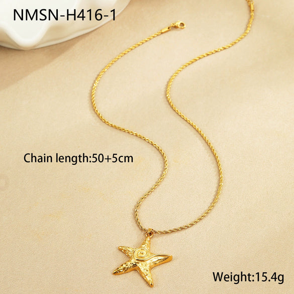 Stainless Steel Geometric Style Starfish Design Jewelry Hammer Pattern Twist Chain Earrings Necklace