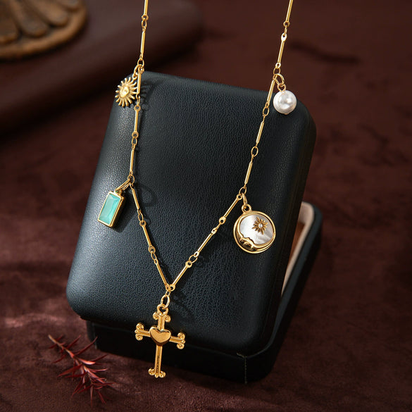 Stainless Steel Geometric Sun Moon Cross Pendant Necklace With Furnace Vacuum Plating 18K Gold Color