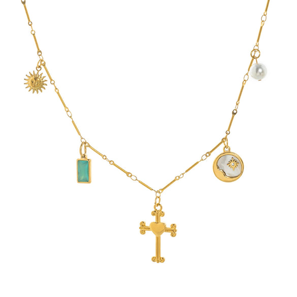 Stainless Steel Geometric Sun Moon Cross Pendant Necklace With Furnace Vacuum Plating 18K Gold Color