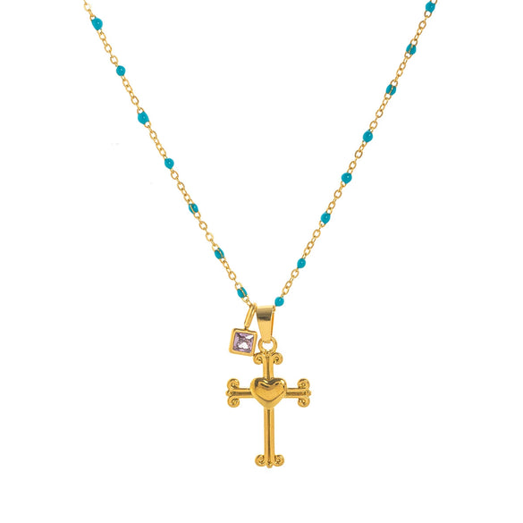 Stainless Steel Geometric Sun Moon Cross Pendant Necklace With Furnace Vacuum Plating 18K Gold Color