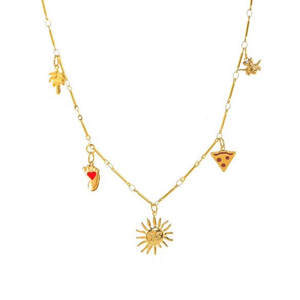 Stainless Steel Geometric Sun Pendant Necklace With Vacuum Plating 18K Gold Color