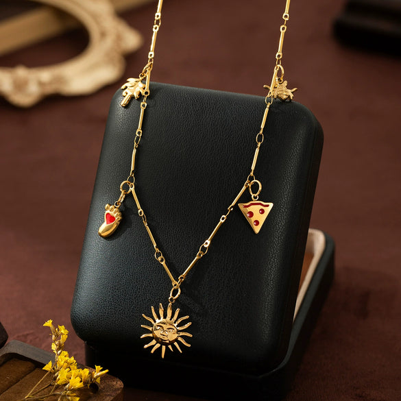 Stainless Steel Geometric Sun Pendant Necklace With Vacuum Plating 18K Gold Color