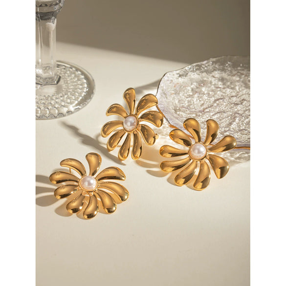 Stainless Steel Geometric Sunflower Opening Ring Jewelry Electroplated For Women
