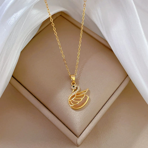 Stainless Steel Geometric Swan Opal Necklace For Female