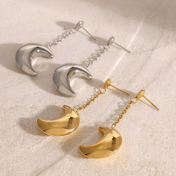 Stainless Steel Geometric Tassel Moon Pendant Earrings Electroplated For Women