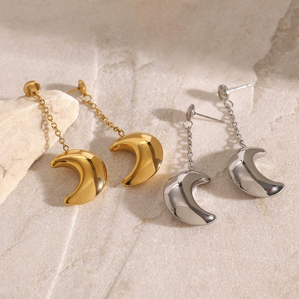 Stainless Steel Geometric Tassel Moon Pendant Earrings Electroplated For Women